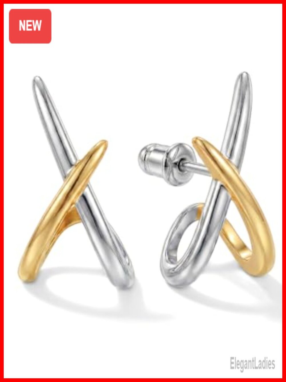 14K Gold Plated Stud Earrings Two Tone Criss Cross Minimalist Hypoallergenic